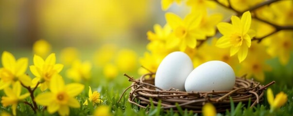 White eggs nestled in vibrant forsythia blossoms, spring Easter scene , spring flowers, spring