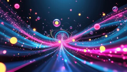 Abstract Illustration of glowing light trails and particles, evokes technological and futuristic concepts. The dynamic composition represents digital information flow