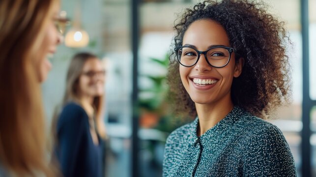Smiling women in business casual attire with glasses engaged in a friendly conversation in a modern office