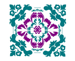 A striking ornamental vector design featuring intricate floral and symmetrical elements in teal and purple. The balanced composition exudes elegance and artistic charm, making it ideal for decorative 