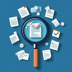 Quality Assurance and Certification Compliance Concept. A magnifying glass with checkmark surrounded by business icon, symbolizing quality assurance, compliance, and certification. certified document