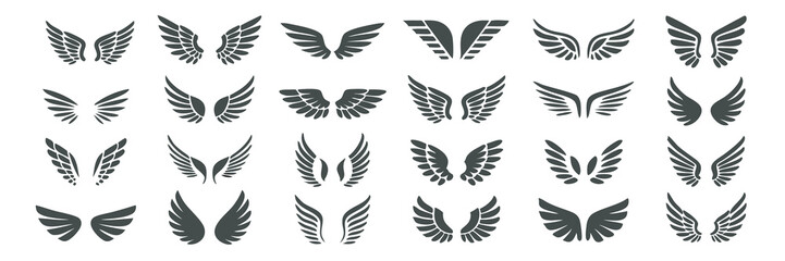 Wing silhouettes, black and white, graphic design elements, various styles