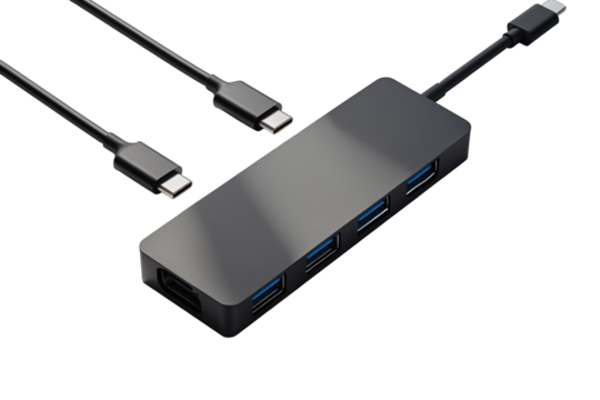 A close up of a black usb hub with cables on a transparent background