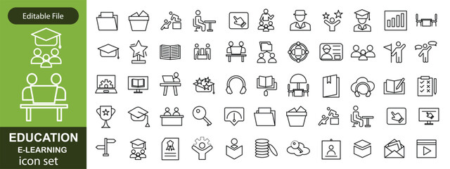E-learning icon set. Online Education related line icons: e-book, training, distance learning, online learning, webinar, knowledge, study, school and more. Editable stroke. Vector illustration.