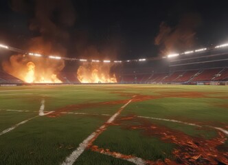 Fiery inferno consumes vast football field at night  ,  catastrophe,  disaster,  tragedy