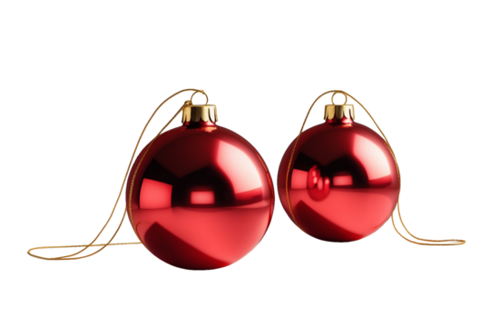 Two red christmas ornaments with gold string on a transparent background