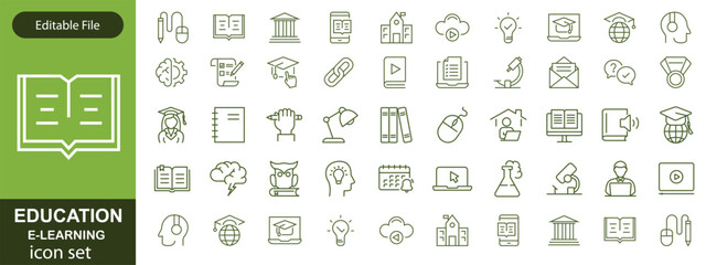E-learning icon set. Online Education related line icons: e-book, training, distance learning, online learning, webinar, knowledge, study, school and more. Editable stroke. Vector illustration.