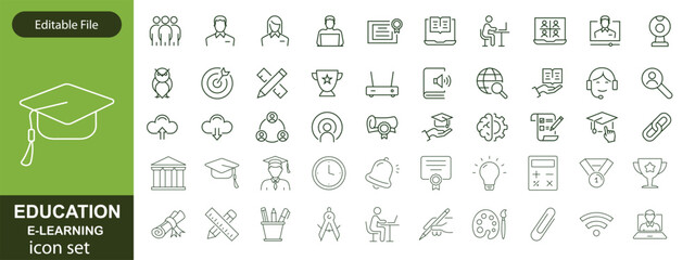 E-learning icon set. Online Education related line icons: e-book, training, distance learning, online learning, webinar, knowledge, study, school and more. Editable stroke. Vector illustration.