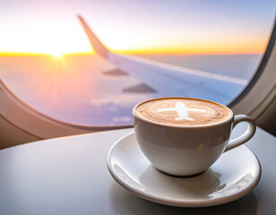 Steaming cup of cappuccino sits on airplane tray table, with sunrise view through window and airplane wing visible, creating peaceful travel atmosphere