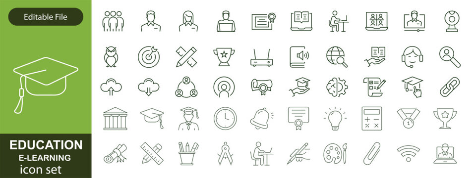 E-learning icon set. Online Education related line icons: e-book, training, distance learning, online learning, webinar, knowledge, study, school and more. Editable stroke. Vector illustration.