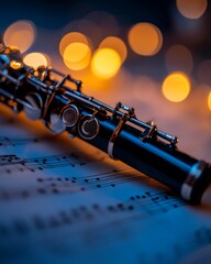 Obraz premium Elegant Close-up of a Clarinet with Music Sheet and Warm Background Lights