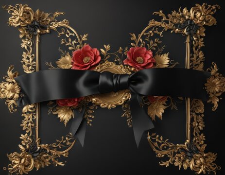 Black satin ribbon, gold accents, floral VIP invite,  sophisticated,  invitation card design,  gold