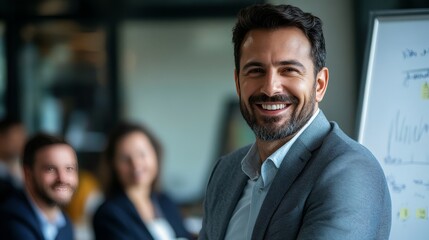 successful businessman smiling in a meeting room, standing by a whiteboard, surrounded by colleagues
