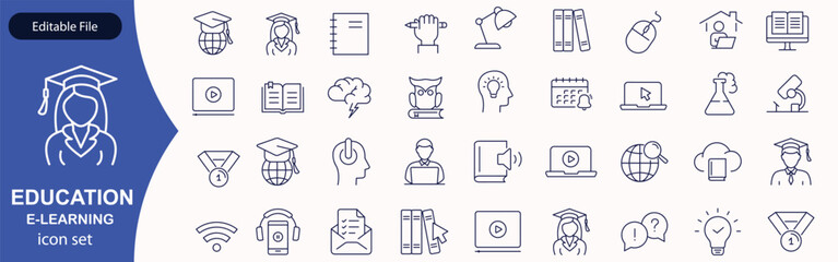E-learning icon set. Online Education related line icons: e-book, training, distance learning, online learning, webinar, knowledge, study, school and more. Editable stroke. Vector illustration.