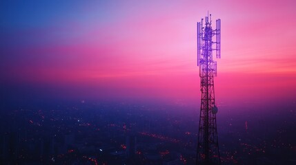 Sunrise over city with communications tower