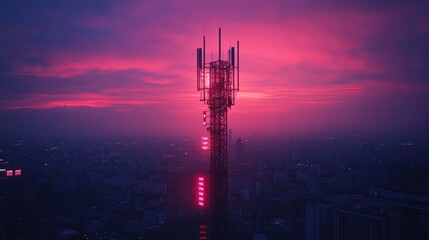Illuminated communication tower at dusk over a city