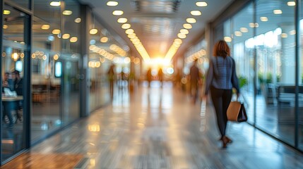 Blured Woman Walking Through a Sunlit Modern Hallway