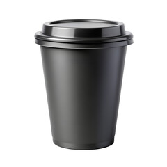 Black disposable coffee cup, minimalist design, matte finish, plastic lid, takeaway beverage container, studio lighting, transparent background