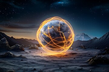 Glowing earth wrapped in solar wires night sky digital art cosmic landscape dreamlike perspective
