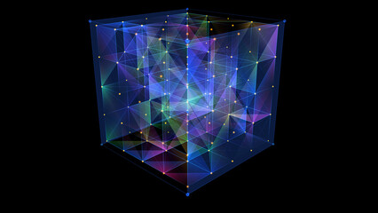 Abstract background 3D digital cube quantum computing. Multi core box. 3D algoritm blockchain grid  dinamic blocks.  Artificial intelligence design. Big data.