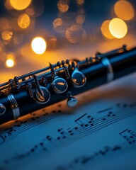 Obraz premium Elegant flute composition on sheet music with a warm bokeh lights backdrop