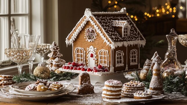 Festive gingerbread house centerpiece on a holiday table setting.