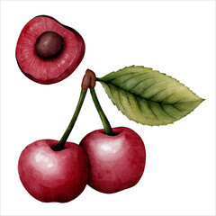 Watercolor illustration of cherries with green leaf and halved fruit showing the pit. Hand-painted style with rich red tones and realistic texture. 