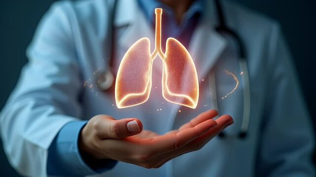 Doctor holding holographic human lungs model