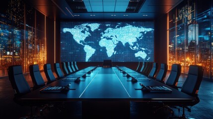 Futuristic boardroom with global network projection