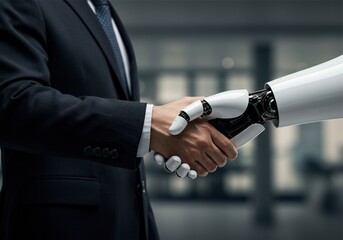 close up of robot hand shaking hands with human businessman to work together to build business
