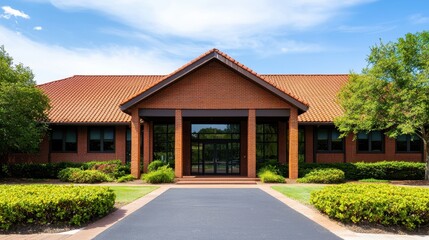 Naklejka premium Modern Brick Building with Red Roof Surrounded by Lush Green Landscaping Under Bright Blue Sky