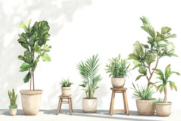 Obraz premium Potted plants on stools in a living room setting, botanical styling