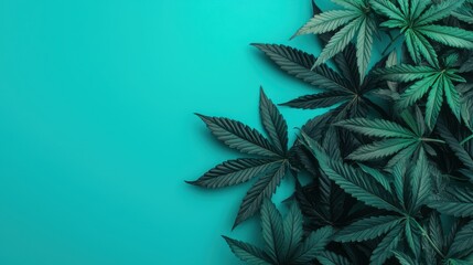Green Cannabis Leaves on a Vibrant Teal Background Offering a Fresh and Natural Aesthetic for Creative Projects
