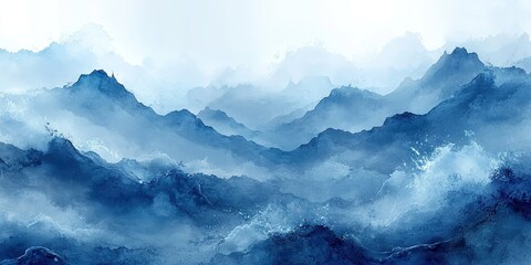 Misty mountain range in shades of blue