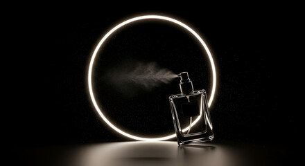 Luxurious perfume spray with illuminated circle backdrop for a sensual fragrance