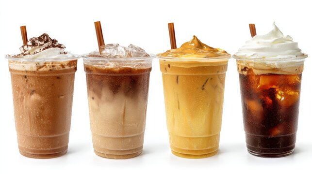 Four distinct iced coffee varieties in clear plastic cups displayed on a white background