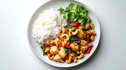 white plate of chicken sauted cashew nuts and rice on white background