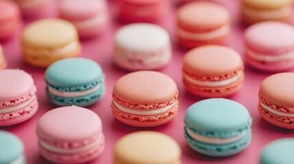 Obraz premium Colorful Macarons on a Pink Background with Vibrant Pastel Shades for Sweet Dessert Lovers and Pastry Enthusiasts