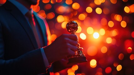 Man in suit holds golden award, celebratory bokeh