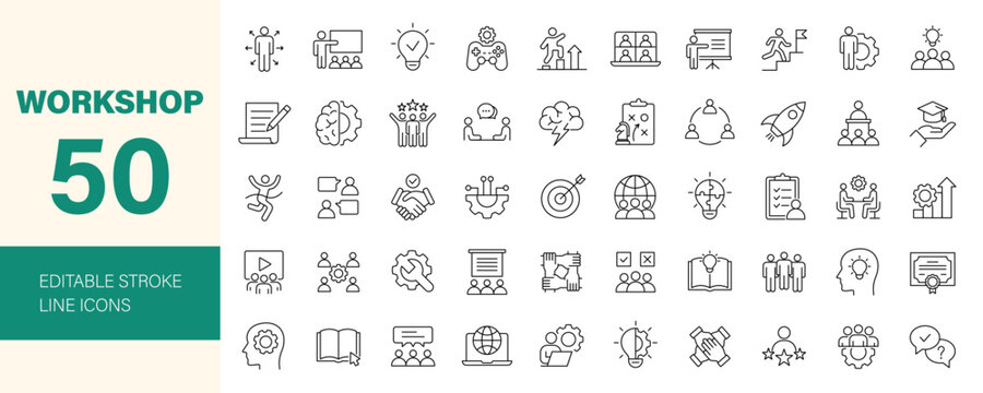 Workshop icon set. Business related line icons: teamwork, collaboration, education, coaching, team building, meeting, training, presentation and more. Editable stroke. Vector illustration.	
