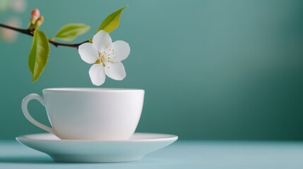 Delicate teacup holds blossoming tea flower, minimal background for peaceful health and relaxation theme