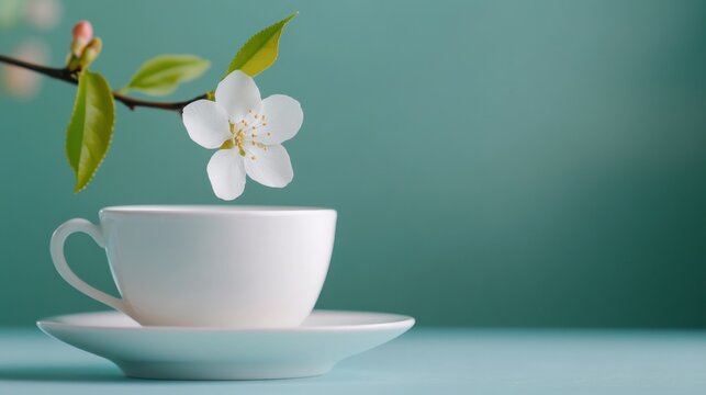 Delicate teacup holds blossoming tea flower, minimal background for peaceful health and relaxation theme