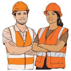 Construction workers in safety vests smiling at the camera.