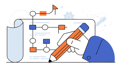 workflow or working process project progress milestone or achievement tracking work experience or journey concept businessman using pencil to draw workflow line with achievement flag milestones 040525