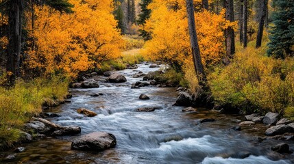 Flowing River amidst Autumnal Foliage: A Symphony of Colors and Water Motion