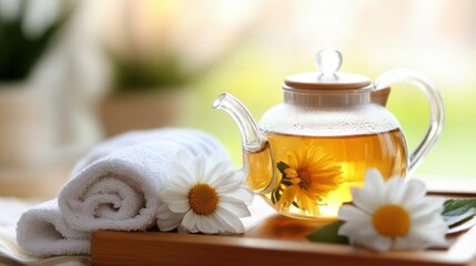 Glass teapot holds flower tea blooming in amber water, set on wooden tray with soft towels and calm mood