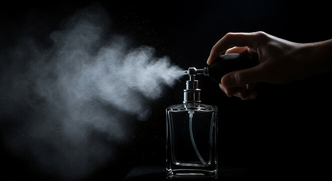 Elegant spray of fine fragrance released from classic perfume bottle in darkness