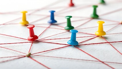 A network of connection is visually represented by colorful push pins connected with red string on a white surface