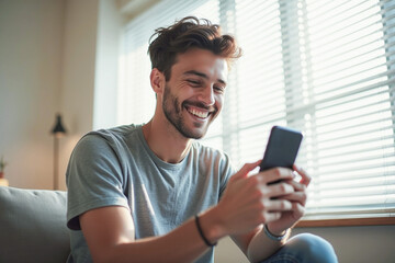 Happy man guy using smartphone at Home, smile and hold phone on he hand with internet technology use of shopping, search, chat, message at inddor living room with beautiful natural light