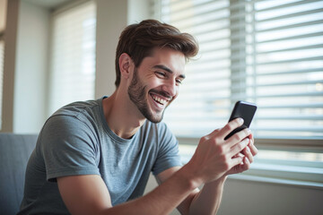 Happy man guy using smartphone at Home, smile and hold phone on he hand with internet technology use of shopping, search, chat, message at inddor living room with beautiful natural light